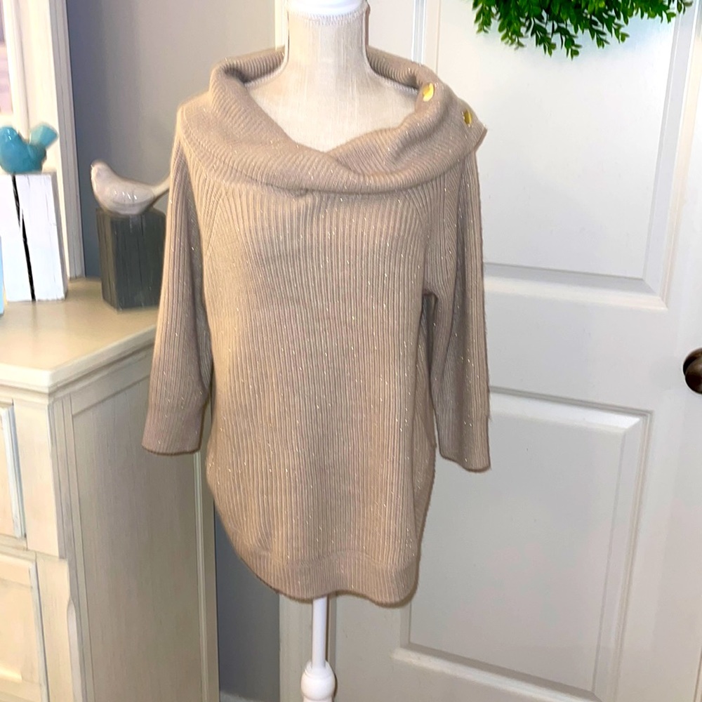 XL beige cowl neck sweater with metallic gold thread running throughout